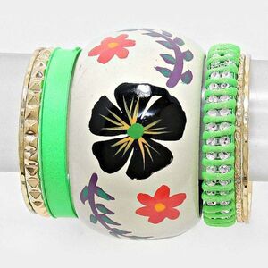 7-Layers Braided Metal & Floral Print Wood Bangle Bracelets